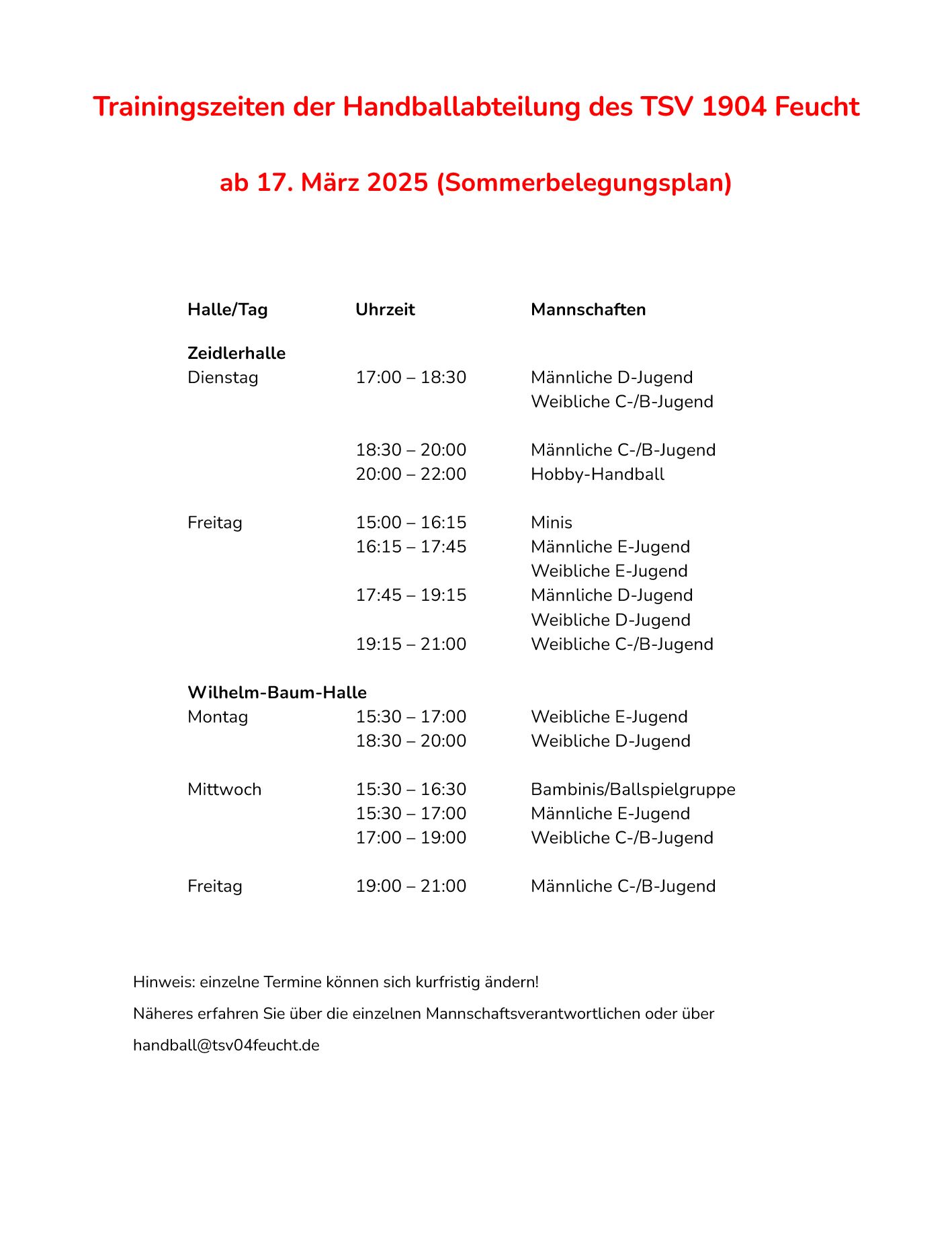 Trainingszeiten der TSV 1904 Feucht Handballabteilung