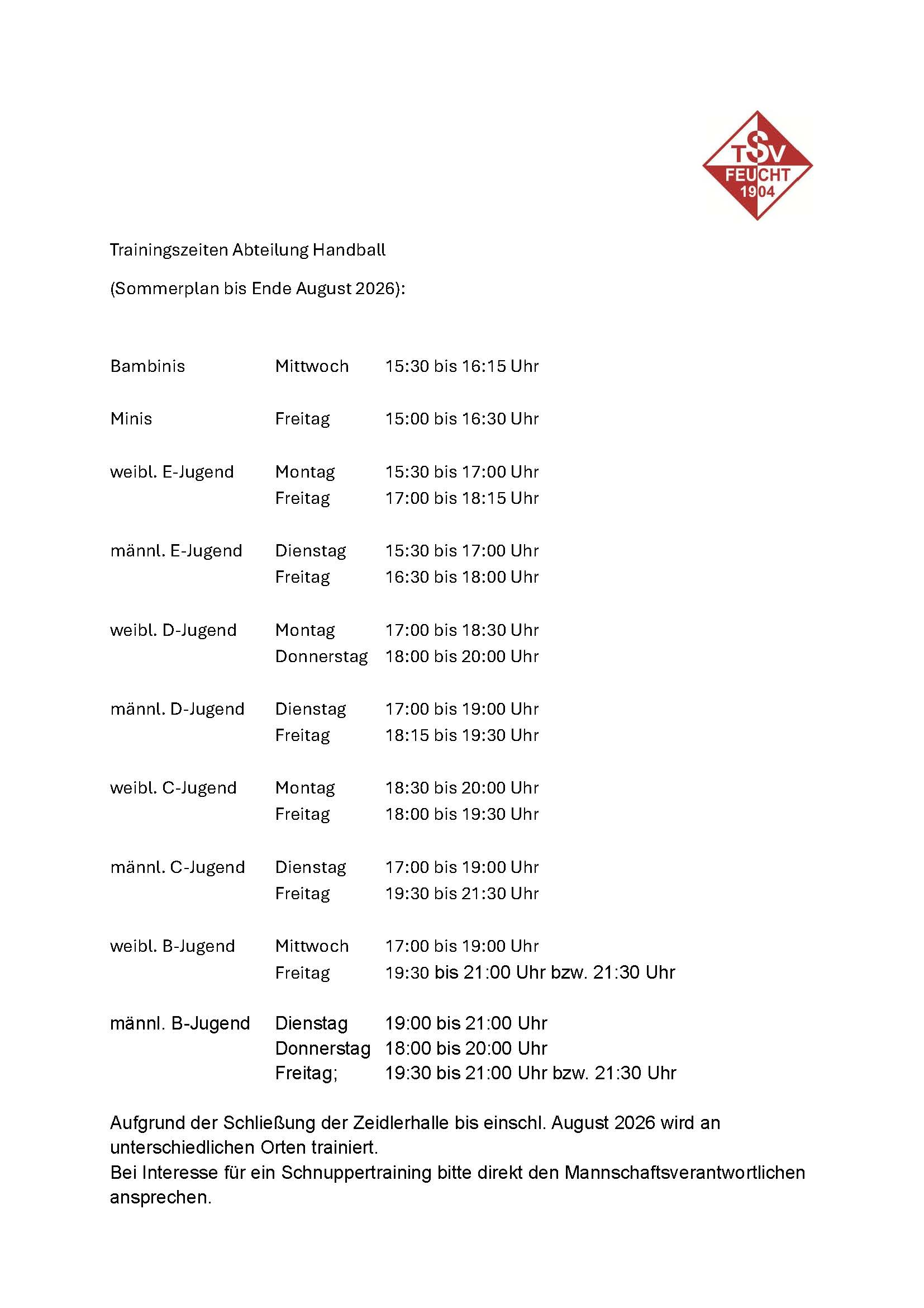 Trainingszeiten der TSV 1904 Feucht Handballabteilung