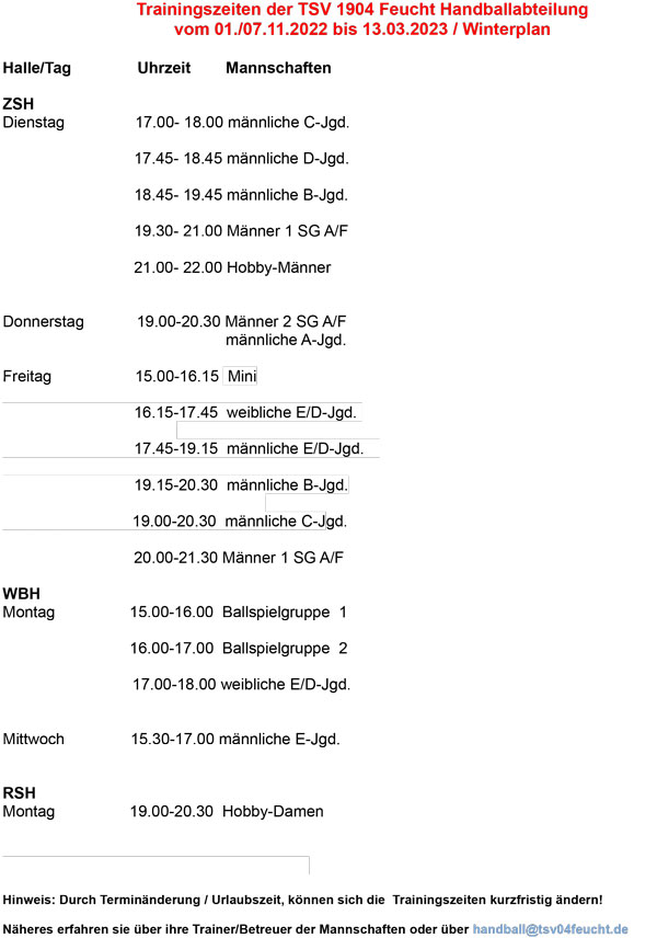 Trainingszeiten Handball